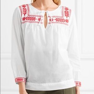 J. Crew White Red Embroidered Cotton Voile Top